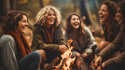 Group of young female friends sitting around the campfire, beautiful girls camping in the...