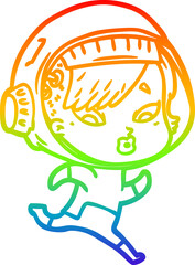 rainbow gradient line drawing of a cartoon astronaut woman