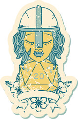 Retro Tattoo Style half orc fighter with natural twenty dice roll