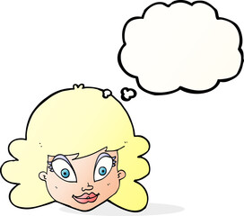 cartoon happy female face with thought bubble