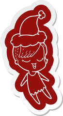 happy quirky cartoon  sticker of a girl wearing santa hat