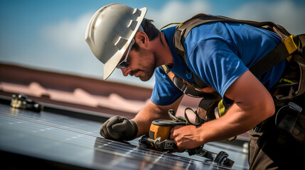 Male worker or craftsmen wearing working uniform and a helmet, installing solar panels on a rooftop of a house, renewable energy source and electricity supply in a home for clean environment - obrazy, fototapety, plakaty