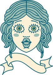 traditional tattoo with banner of female face