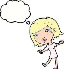 cartoon happy girl gesturing to follow with thought bubble