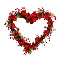 Red heart shape wreath isolated on transparent background for valentines day, Generative ai