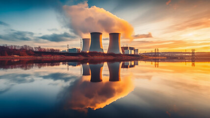 Nuclear power plant against sky by the river at sunset, generative ai