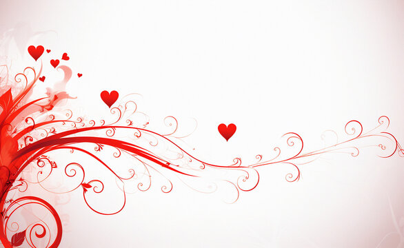 White and pink background with red hearts and flourishes for love and Valentine's Day