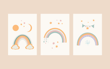 A collection of charming Scandinavian style boho baby cards featuring adorable doodle children clipart.Cute cartoon bohemian nursery posters.For shower invitations, posters, and more.