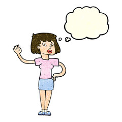 cartoon woman waving with thought bubble