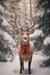 Cute reindeer with a big red bow and horns, standing in the snow, pine tree forest.