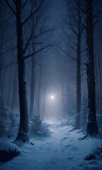 Fototapeta premium Mystical Night In A Dark Winter Forest.