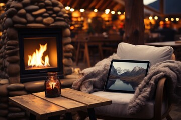  smartphone near fireplace in living room full christmas decorate at home