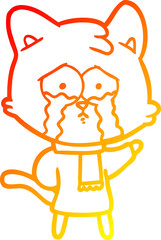 warm gradient line drawing of a cartoon crying cat