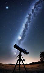 Starry Night Sky With Telescope.