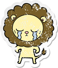 distressed sticker of a crying cartoon lion