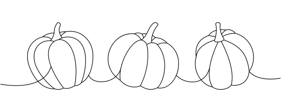 Halloween pumpkins. Set of pumpkins one line continuous drawing. Autumn halloween vegetables continuous one line illustration.