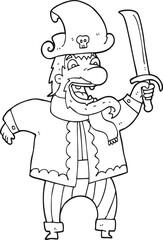 freehand drawn black and white cartoon laughing pirate captain