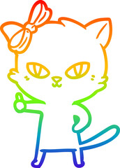 rainbow gradient line drawing of a cute cartoon cat giving thumbs up symbol