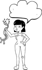 freehand drawn speech bubble cartoon female electrician