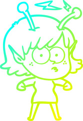 cold gradient line drawing of a cartoon alien girl