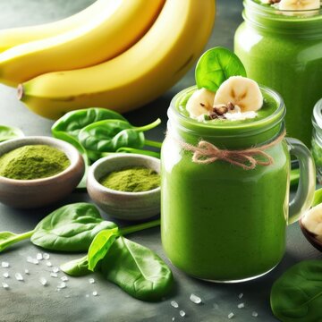 Banana and spinach smoothie appetising image of a healthy green smoothie, good for the heart and blood pressure, healthy, drink concept, generative ai