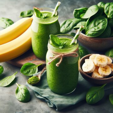 Banana and spinach smoothie appetising image of a healthy green smoothie, good for the heart and blood pressure, healthy, drink concept, generative ai