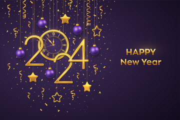 Happy New Year 2024. Gold metallic numbers 2024 and watch with Roman numeral and countdown midnight, eve for New Year. Hanging golden stars, balls on purple background. Realistic vector illustration.