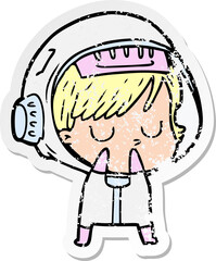 distressed sticker of a cartoon astronaut woman