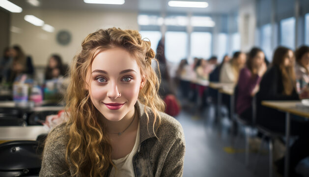 teen girl in modern classroom.