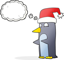 freehand drawn thought bubble cartoon christmas penguin