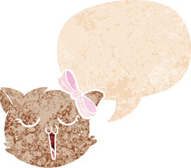 cartoon cat face with speech bubble in grunge distressed retro textured style