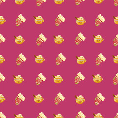 Christmas and Happy New Year seamless pattern with Christmas toys, gifts and sweets. Trendy retro style. 