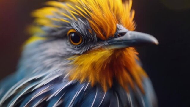 Colorful cute bird with blue and yellow feathers close up. Beautiful wild fauna animal. Exotic bird portrait outdoor. Ornithology science. Amazing tropical beauty. Environment. Black blurry background