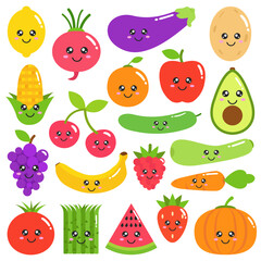 Collection of cartoon fruit and vegetables. Vector illustration.
