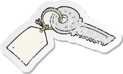 retro distressed sticker of a cartoon key with tag