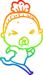 rainbow gradient line drawing of a cartoon angry old woman