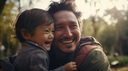 young asian father carrying son on back and hug having fun enjoying nature outdoors in park - obrazy, fototapety, plakaty