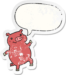 cartoon dancing pig with speech bubble distressed distressed old sticker