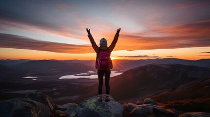 A traveler waving at the top of a mountain with a beautiful sunset in the background. generative AI