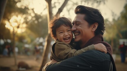 young asian father carrying son on back and hug having fun enjoying nature outdoors in park - obrazy, fototapety, plakaty