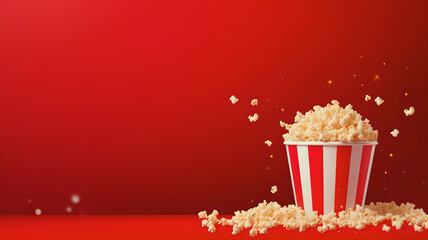Banner with popcorn bucket surrounded by stars on red background - obrazy, fototapety, plakaty