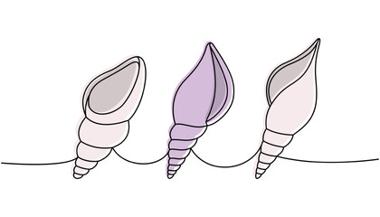 Mollusks. Sea shells, mollusks, scallop, pearls. Tropical underwater shells continuous one line illustration. Vector minimalist linear illustration.