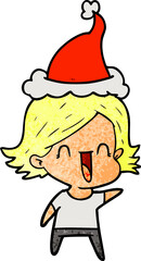 hand drawn textured cartoon of a happy woman wearing santa hat