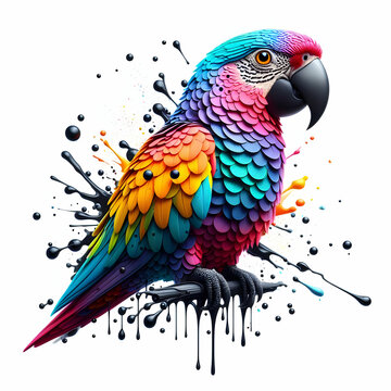 loro de colores y gotas de pintura