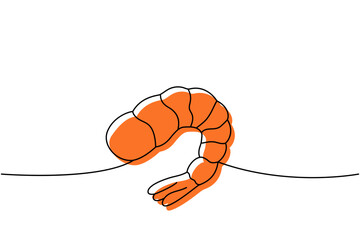 Fresh shrimp one line colored continuous drawing. Japanese cuisine, traditional food continuous one line illustration. Vector linear illustration.