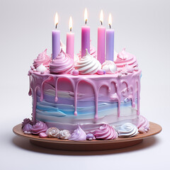 Delicious pastel color birthday cake with candles, Generative AI