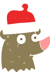 flat color illustration of bear wearing christmas hat