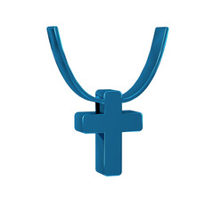 Blue Christian cross on chain icon isolated on transparent background. Church cross.