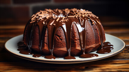 Chocolate bundt cake with chocolate sauce drizzled