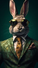 Rabbit dressed in an elegant green suit, tie and glasses. Fashion portrait of an anthropomorphic animal posing with a charismatic human attitude © mozZz